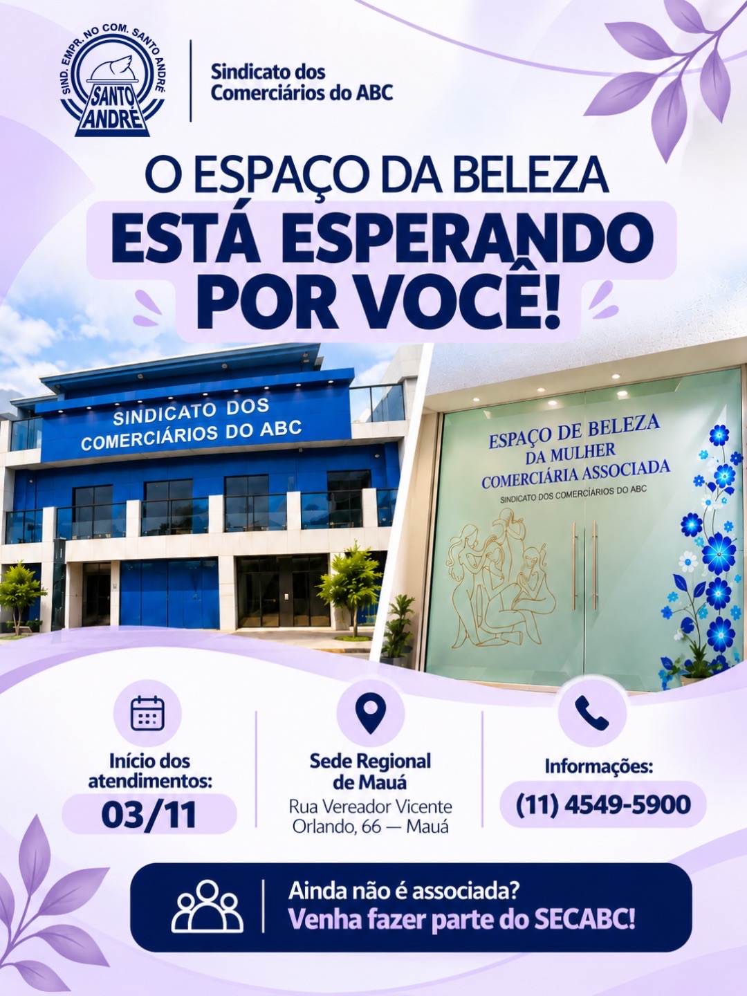 Fachada da sede do SECABC e entrada do Espaço da Beleza em Mauá, conforme referência enviada